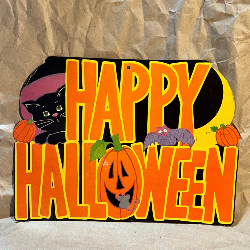 Large Happy Halloween Die Cut Sign Orange Black Cat Bat Pumpkin Retrom 16"x11.5"